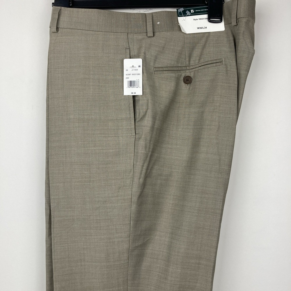 B By Brooks Brothers Mens Dress Pants 36W 34L Tan Oatmeal‎ Wool Flat Front